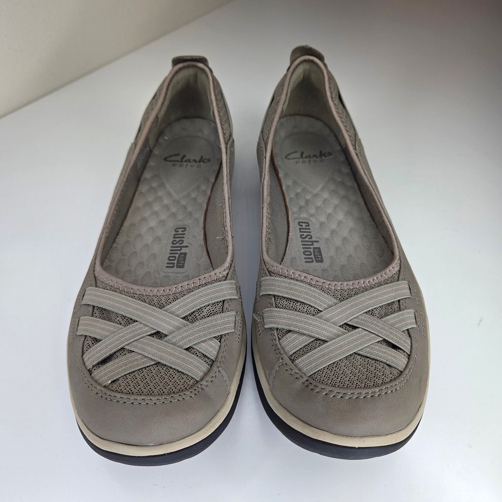 Clarks Privo Womens Taupe Grey Mesh Leather Slip On Ballet Flats Size 11 - Picture 2 of 5